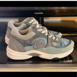 Chanel Blue Grey Tye Dye Trainers Sneakers 38